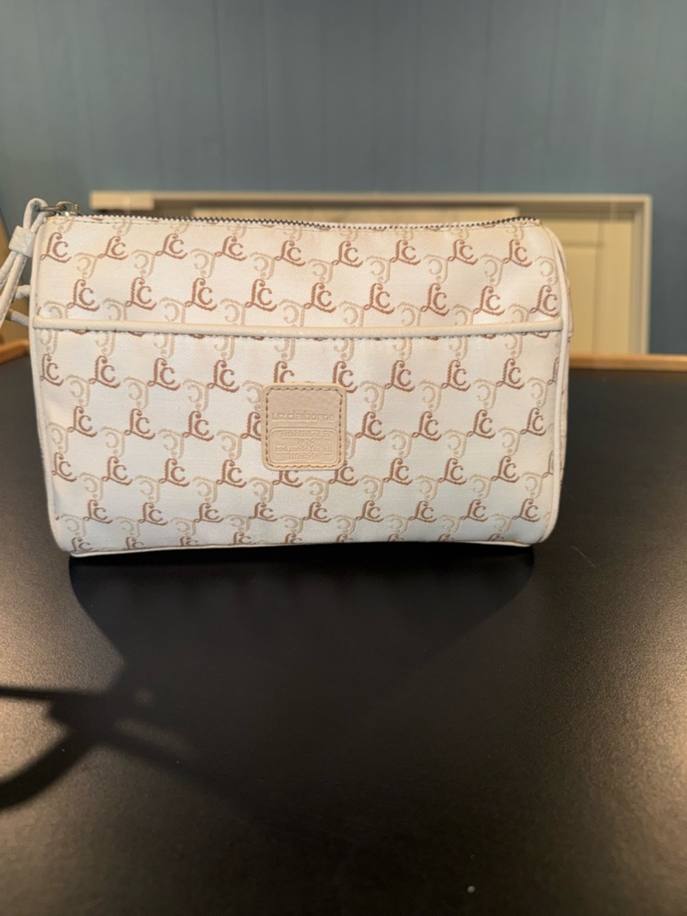 Liz Claiborne Cream and Tan Monogram Crossbody Bag. Like New.